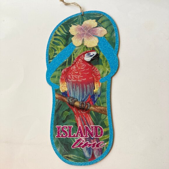 ISLAND TIME Tiki Bar Sign Wall Door Beach Decor Parrots Flip Flop Hibiscus - Picture 2 of 9